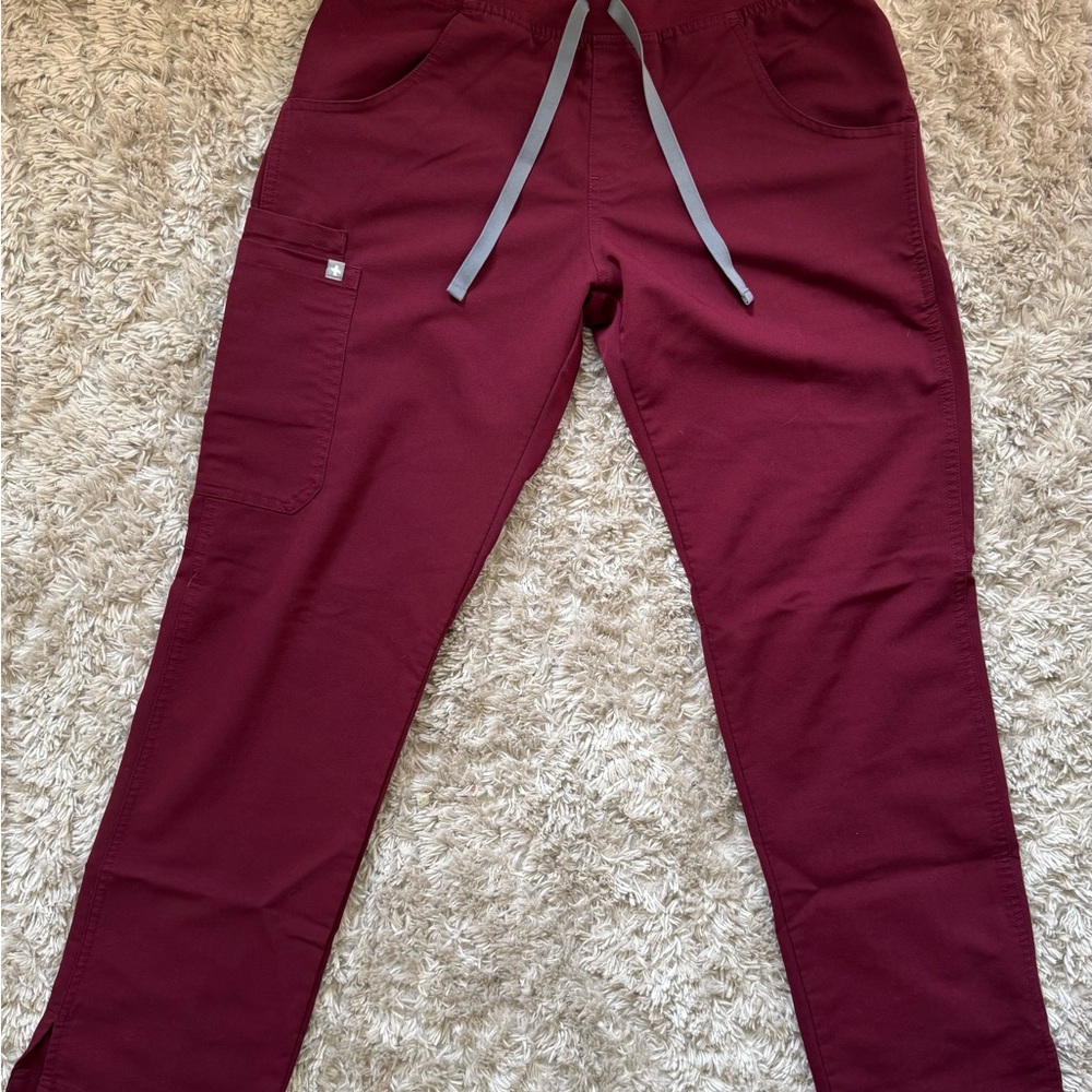 Kade Cargo FIGS Burgundy Scrub Pants with Gray Drawstring
